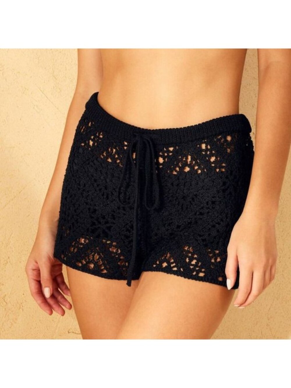 NEW Wild Fable Drawstring Knit Crochet Swim Cover Up Shorts - Black - Size XL